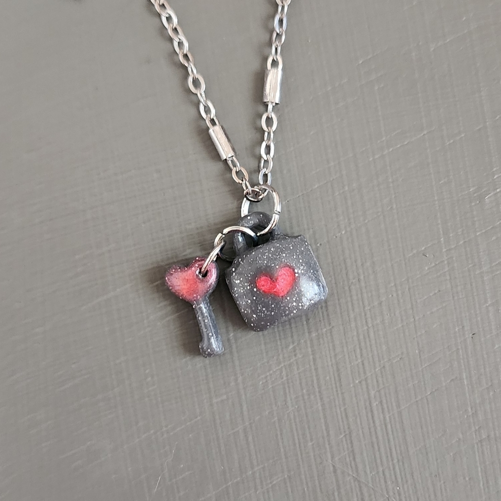 Grey Clay Lock and Key Pendant Necklace